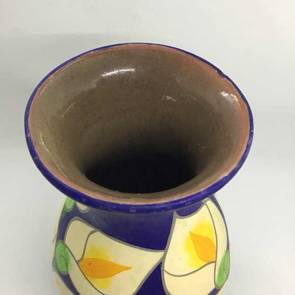Vtg Mexican Blue Calla Lily Flower Hand Painted Red Clay Vase Pottery Folk Art - Picture 4 of 7